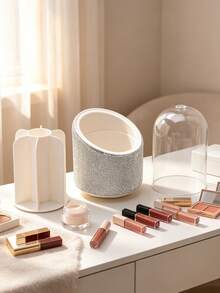 1pc Rhinestone Rotating Makeup Brush Holder Cosmetic Storage Rack Desktop Vanity Organizer Eyeshadow Brush Lipstick Holder Pen Holder, Rotating Dust-Proof Makeup Brush Storage Box Cosmetic Organizer Lipstick Eyeshadow Storage Rack Desktop Pen Holder - Silver - View 9