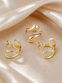 3pcs Fashionable Rhinestone Geometric Ring Set, Adjustable For Women Daily Wear, Dating, Party, Gathering, Layering - Yellow Gold - View 2