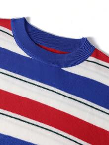 Men's Mercerized Striped Loose Drop Shoulder Crew Neck Long Sleeve Sweater - Blue - View 7