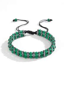 1pc Men's Double Layer Lava & Hematite Beaded Bracelet Adjustable Drawstring Vintage Casual Wrist Jewelry Gift For Men - Multicolor - View 7