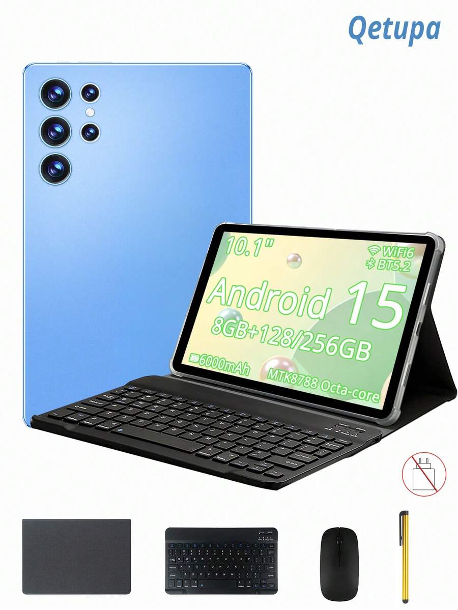Qetupa 10.1-Inch Android Tablet With Case, Keyboard, Mouse, And Stylus, 8GB RAM + 128GB/256GB ROM (Supports 1TB Expansion), 1280x800 Touchscreen, 5MP Front Camera And 13MP Rear Camera, 6000mAh Battery (No SIM Card Support, Power Adapter Not Included) - Blue - View 1
