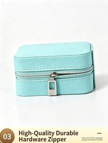 1pc Blue Mini Zipper Jewelry Storage Box, Portable Travel Jewelry Organizer, Compartment Anti-Oxidation Ring Earring Necklace Storage Small Box - Baby Blue - View 5