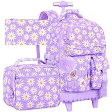 3pcs Girls Floral Print Woven Fabric Backpack Set With Handbag & Pen Pouch, Zipper Closure Sweet Rolling School Bag For Daily Learning - Pink - View 12