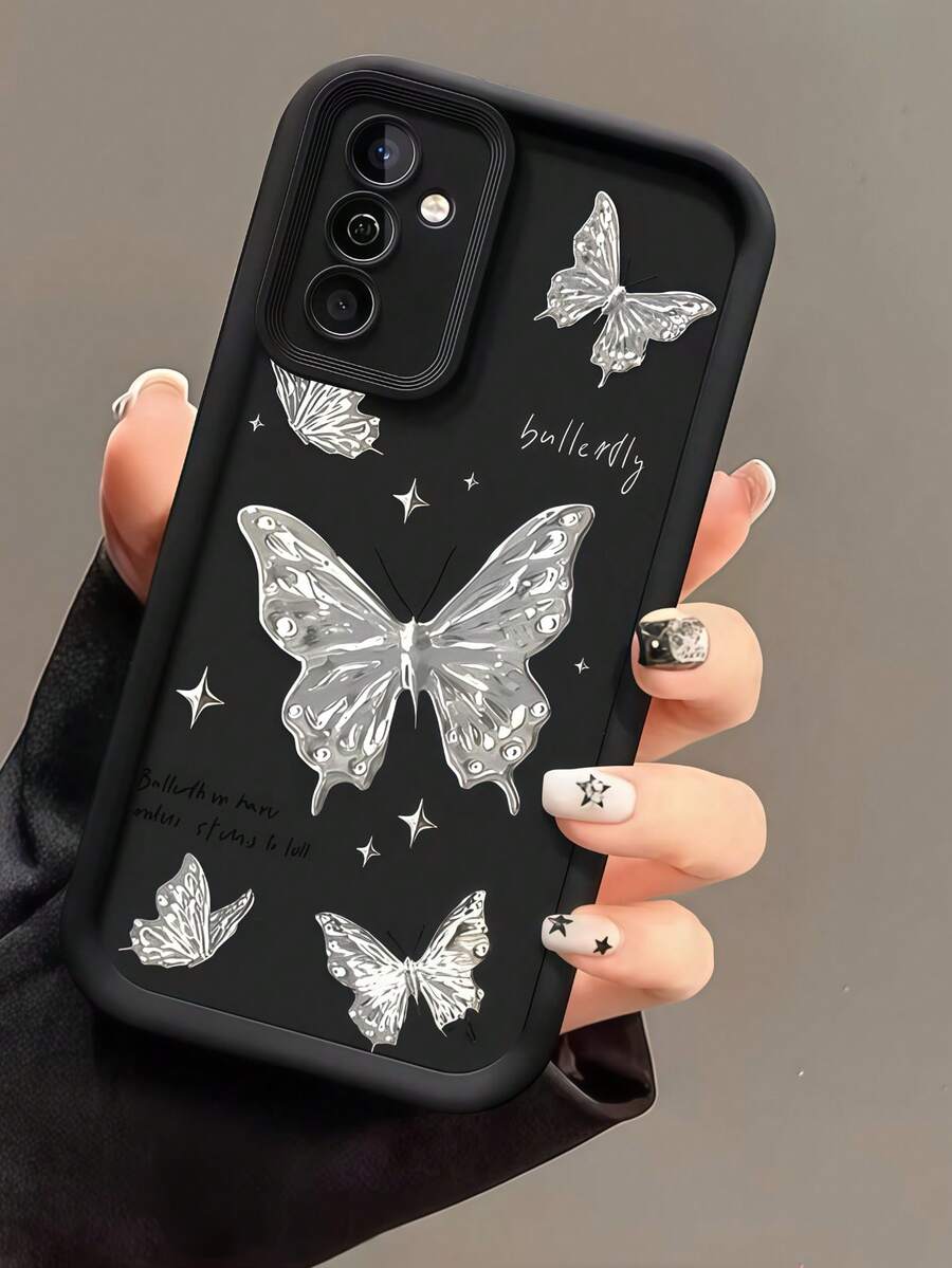 1 buah Casing Ponsel Motif Kupu-kupu Perak, Bingkai Kulit Hitam, Pelindung TPU Lembut Tahan Guncangan, Kompatibel dengan Ponsel GALAXY, HONOR, - Hitam - View 1