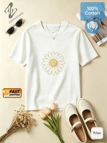 Daisy Fresh Natural Romantic Pastoral Pure Cotton Single Vintage Daisy Line Print Women's Short Sleeve Daily Dating Spring/Summer - 白色 - 查看 2