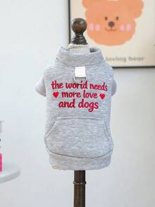 PETCIRCLE 1PC Pet Clothes Small Dog Puppy Cat Cute Pet Autumn Winter Simple Solid Color Versatile Windproof Warm Letter Embroidery Love & Dog Sweatshirt - Grey - Grey - View 2