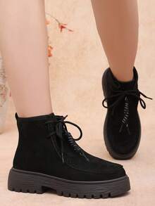 Women's Fashion Round Toe Black Lace-Up Slip-On Thick Sole Ankle Boots, Autumn/Winter, Plus Size - Black - View 7