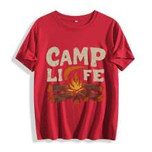 Women's Camp Themed T-Shirt - CAMP LIFE Lettering & Campfire Print With Logs & Marshmallow Design - Casual Round Neck Short Sleeve Outdoor Tee - 紅色 - 查看 1