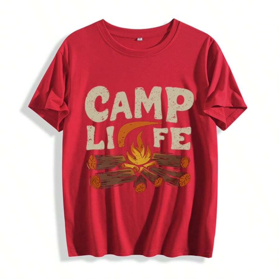 Women's Camp Themed T-Shirt - CAMP LIFE Lettering & Campfire Print With Logs & Marshmallow Design - Casual Round Neck Short Sleeve Outdoor Tee - 紅色 - 查看 1