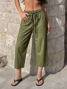 Women's 7/8 Length Wide Leg Pants, Summer New Elastic Waist Drawstring Lightweight Breathable, Slouchy, Loose Casual Pants, Suitable For Daily Wear - Army Green - View 10