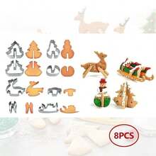 8pcs 3D Christmas Cookie Cutter Set, Stainless Steel Material, Christmas Tree / Snowman / Reindeer / Sleigh Shapes, Christmas Holiday Home DIY Baking Tools, Party Gift Cookie Cutter Set, Perfect For Christmas DIY Crafts And Christmas Gift Decoration - View 2