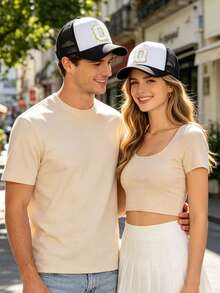 1 Buah Topi Baseball Bordir Huruf A-Z, Topi Trucker Blok Warna, Jaring Bernapas dan Dapat Diatur, Perlindungan Matahari Luar Ruangan, Topi Pasangan, Gaya Minimalis - Hitam dan Putih - View 3