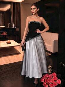 Women's Strapless Pearl Beaded Colorblock Long Dress, Heavy Beaded Black & White Mesh Strapless Long Dress Fall Wedding Party - Black - View 5