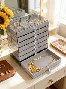 1pc, Luxury Multi-Layer Acrylic Jewelry Storage Box, Dust-Proof Transparent Lid With Flocked Compartments, Home Vanity Earring Ring Necklace Jewelry Organizer - Multicolor - View 3