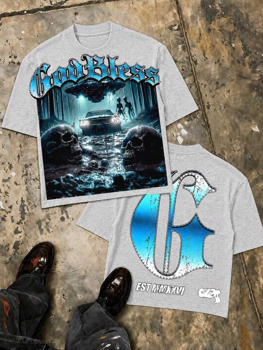 Alien UFO Double Sided Print Graphic Tee, Oversized Grunge Urban Casual Summer Outfit For Men, 4th Of July Celebration - 灰色 - 查看 1