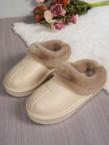 Women's Autumn/Winter Thick Sole Closed Toe Thermal Lined Slip-On House Slippers, Comfortable Warm Soft Indoor Plush Slippers - Beige - View 5