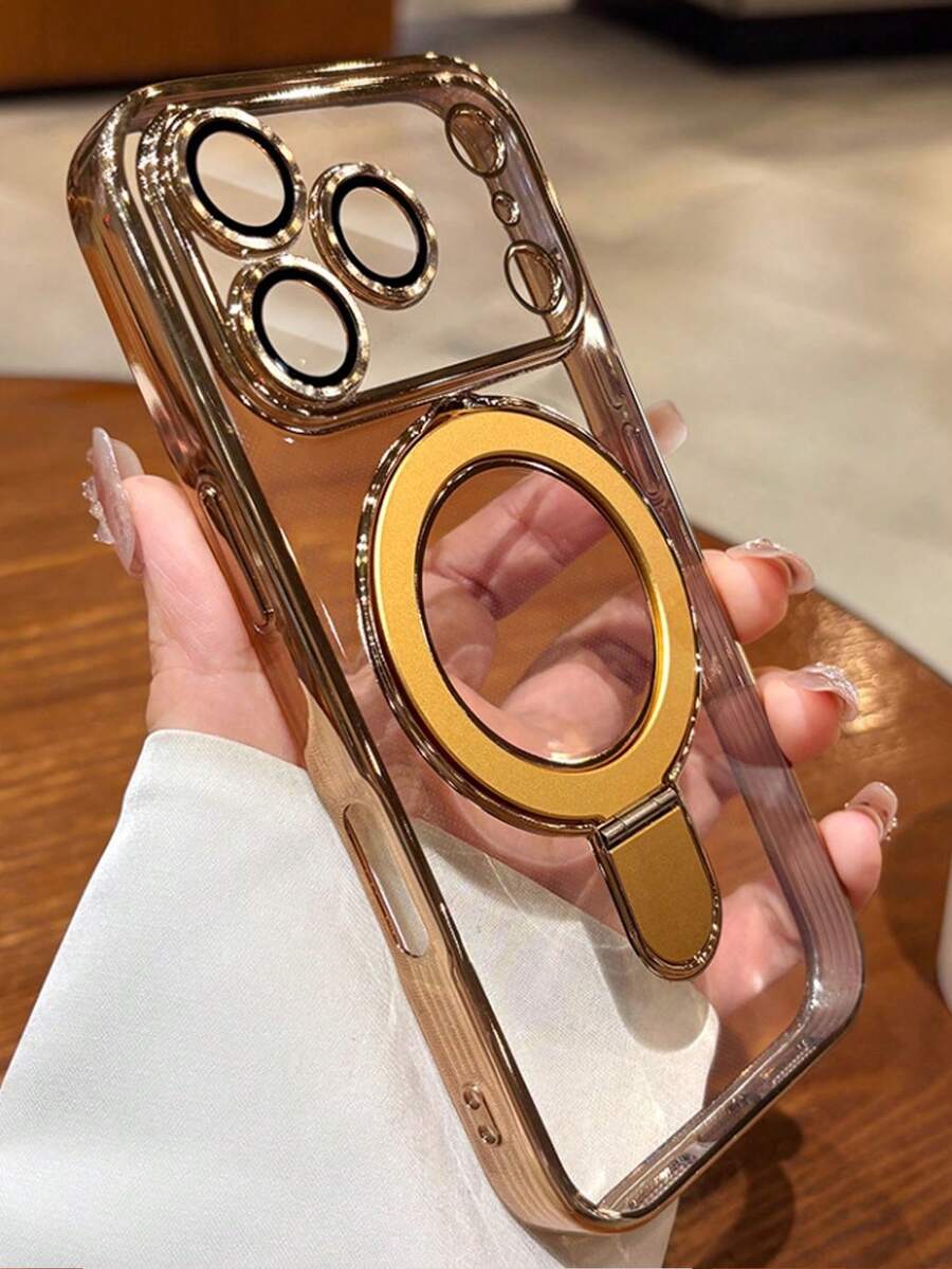 Luxury Electroplated Magnetic Phone Case Compatible With IPhone 17 16 15 14 13 Pro Max 17Pro Magsafe Stand Base Transparent Protective Shell - Mustard Yellow - View 1