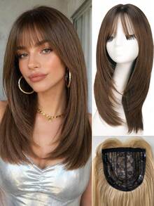 20-Inch Synthetic Comb-Style Fringe Wig, Suitable For People With Sparse Hair; Featuring Long-Layered Straight Hair Style, With The Hair Color Changing From Brown To Gold; Specially Designed For Women For Use At Halloween And Christmas Parties. - Multicolor - View 2