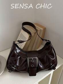 Vintage Dark Brown Solid Color Underarm Shoulder Bag With Metal Belt Buckle Flap Closure, Commuter Shopping Sweet Cool Style Versatile INS Hot-Selling Shoulder Bag - Brown - View 7