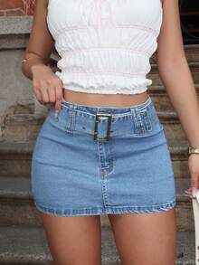 Solid Color Belt A-Line Denim Mini Skirt, Casual For Summer - Light Wash - View 4