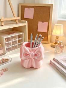 1pc Cute Bow-Shaped Makeup Brush Holder, Matte Resin Cosmetic Storage Box, Desktop Pen Holder, Suitable For Vanity, Bathroom, Makeup Table, Store Skincare Brushes, Pencils, Desktop Decor Gift Item, Best Gift For Back To School Season - Multiple Styles - View 2