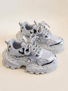 1 Pair 2026 New Kids' Chunky Sneakers, Metallic Texture Patchwork Design, Cool Casual Style, Suitable For Children's Outings And Daily Wear - Grey - View 7