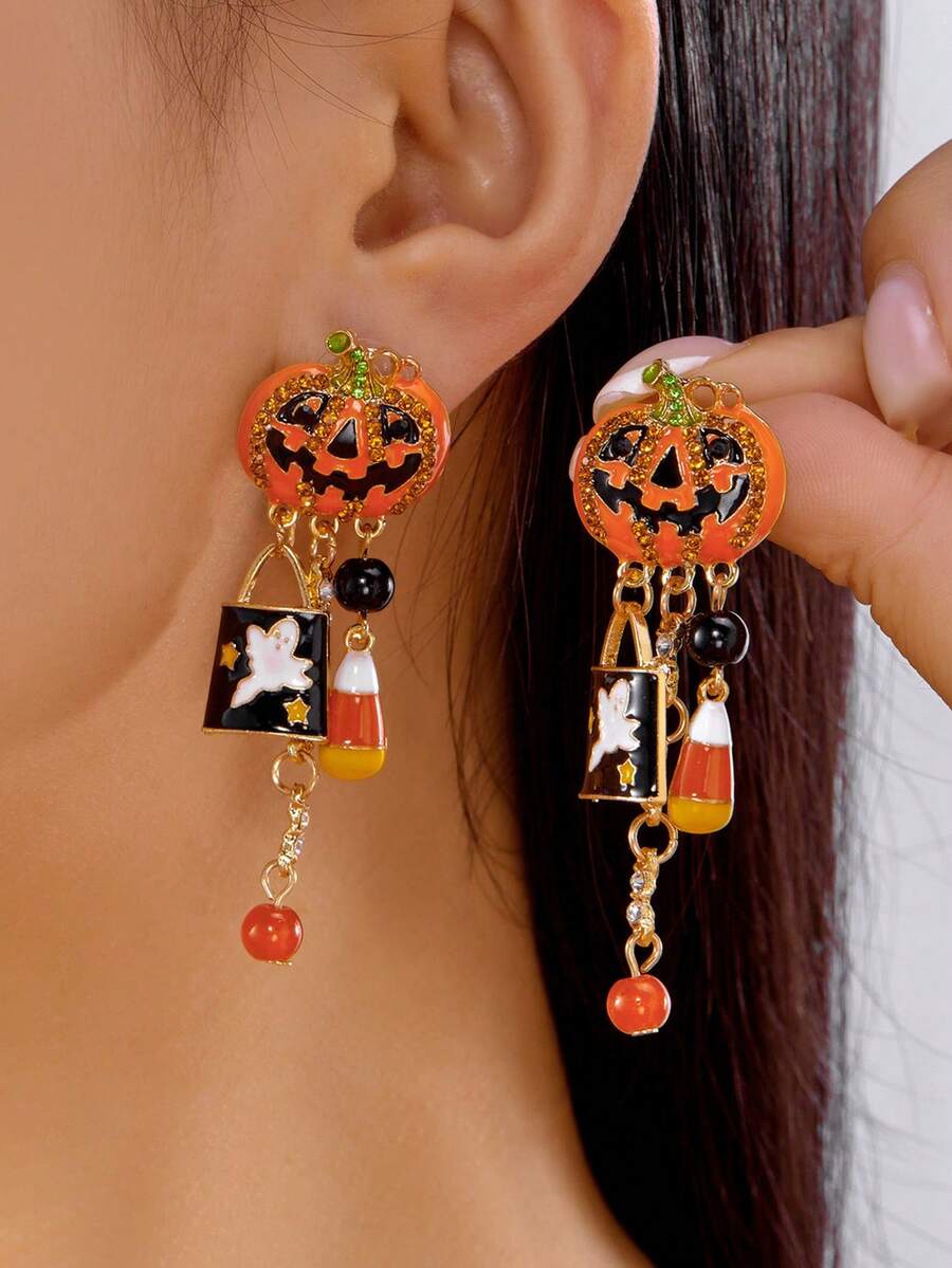1 Pair Halloween Ghost Pumpkin Pendant Earrings With Rhinestone Dangle, No Card - Multicolor - View 1
