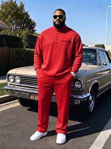 Men's Plus Size Polo Set, Autumn Long Sleeve Top And Long Pants Casual Solid Color Plus Size Men's Clothing - Red - View 4