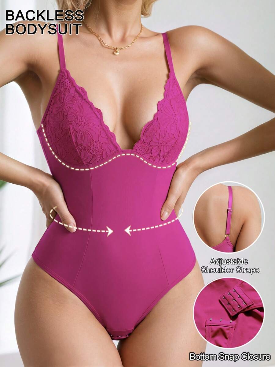 1pc Seamless Lace Deep V-Neck Shaping Bra, Effective Body Shaper Suitable For Weddings And Parties - Hot Pink - View 1