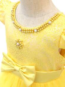Girls Long Dress, Performance Dress, Flower Girl Wedding Dress, Sweet Princess Dress, Bow Tulle Dress For Wedding, Birthday, All Seasons - Yellow - View 7