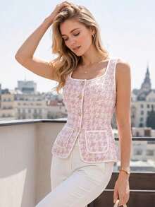 Perirose Pink Sleeveless Tweed Piece Featuring A Rounded Neckline And Pockets-An Elegant, Stylish Choice For The Workday. - Pink - View 6