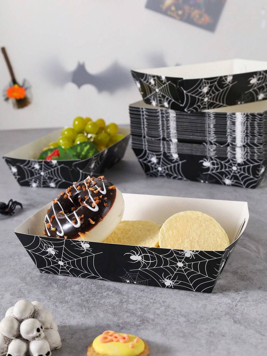20/30/40pcs Spider Web Spider Print Halloween Disposable Paper Food Boxes, Suitable For Small Cookies And Other Snacks, Perfect For Haunted House Party, Halloween Party, Movie Night, Candy Buffet, Dessert Table, Gothic Style Party Supplies - Spider Web Lace - View 1