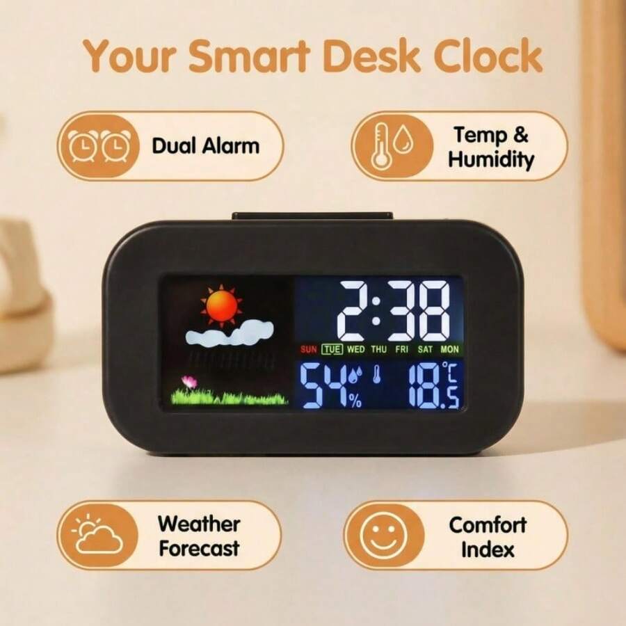 SOKANY Digital Alarm Clock Desktop Weather Clock Single Screen Full Display Time/Temperature And Humidity/Weather Dual Alarm+Backlight 2 AAA Batteries Powered (Batteries Not Included) Bedroom/Office/Dormitory Essential