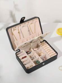 1pc Multifunctional PU Jewelry Box, Double Layer Multi-Compartment Portable Jewelry Storage Box, Large Capacity Valentine's Day Gift, Suitable For Earrings, Rings, Necklaces, Zipper/Button Style, Travel Essential, Back To School, Dorm Storage - White - View 5