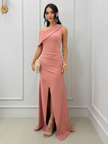 Long Sleeve Off-Shoulder Dress With Front Slit - Party / Bridesmaid / Wedding / Graduation / Civil Wedding - 玫瑰 - 查看 2