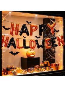 14pcs Happy Halloween Balloon Banner Set, Orange And Black Color Scheme, Suitable For Halloween, Trick Or Treat Party Decoration, Halloween Photo Booth Props, Halloween Party Decoration - Halloween - View 7