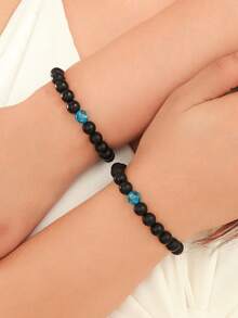 2pcs/Set Glow-In-The-Dark Black Bead Couple Friendship Family Bracelet Set, Casual Jewelry For Daily Wear And Holiday Gift - Multicolor - View 2