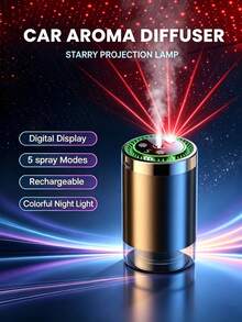 Smart Car Humidifier Set - 5 Working Modes, USB Car Automatic Aromatherapy Machine, Equipped With Projection Starry Sky Light, Mini Portable Cylindrical Car Air Freshener, Aromatherapy Essential Oil Diffuser, Adjustable Concentration, With Digital Display, Auto On/Off, Built-In Battery, Colorful LED Ambient Light Ring, USB Charging, Suitable For Car, Office, Bathroom, Bedroom, Pet Room, Includes 5 Types Of Essential Oils. - A - View 1