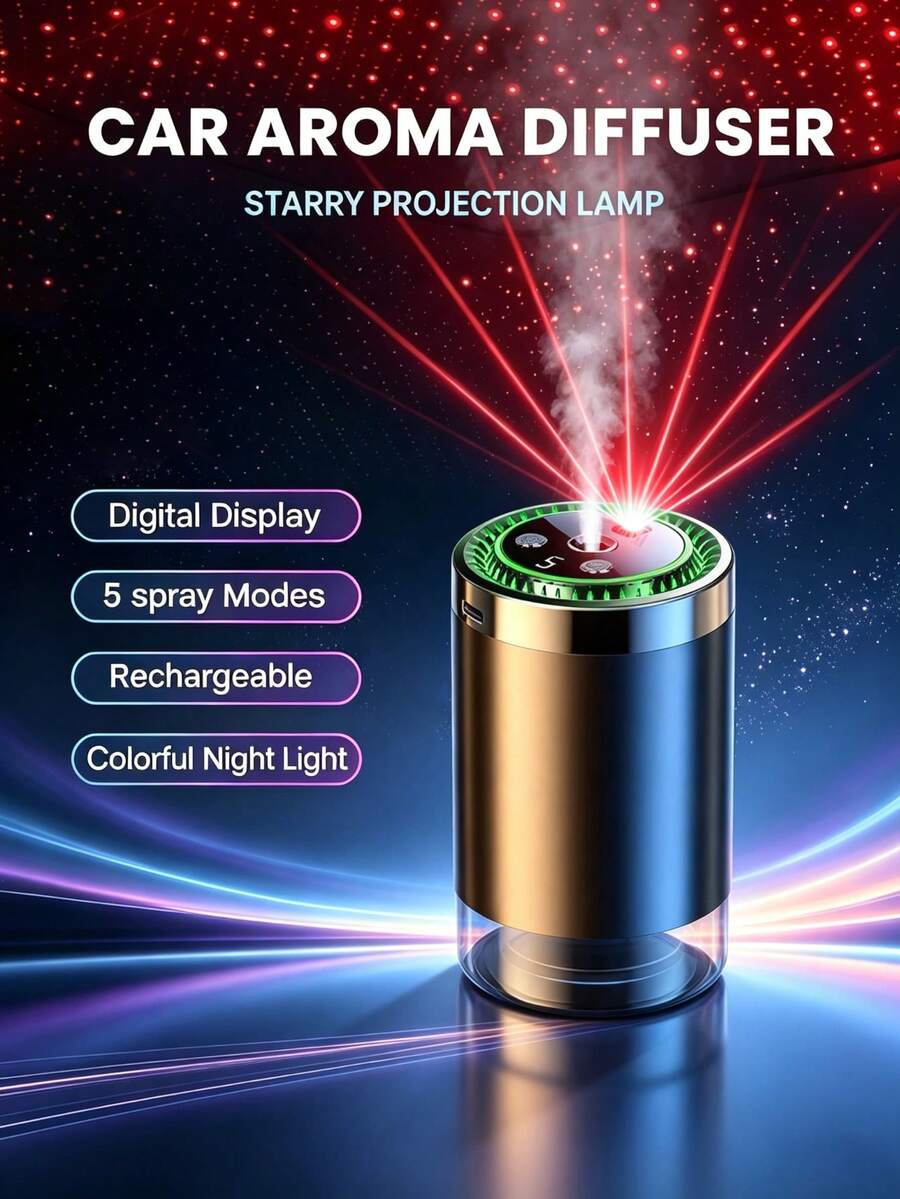 Smart Car Humidifier Set - 5 Working Modes, USB Car Automatic Aromatherapy Machine, Equipped With Projection Starry Sky Light, Mini Portable Cylindrical Car Air Freshener, Aromatherapy Essential Oil Diffuser, Adjustable Concentration, With Digital Display, Auto On/Off, Built-In Battery, Colorful LED Ambient Light Ring, USB Charging, Suitable For Car, Office, Bathroom, Bedroom, Pet Room, Includes 5 Types Of Essential Oils. - A - View 1