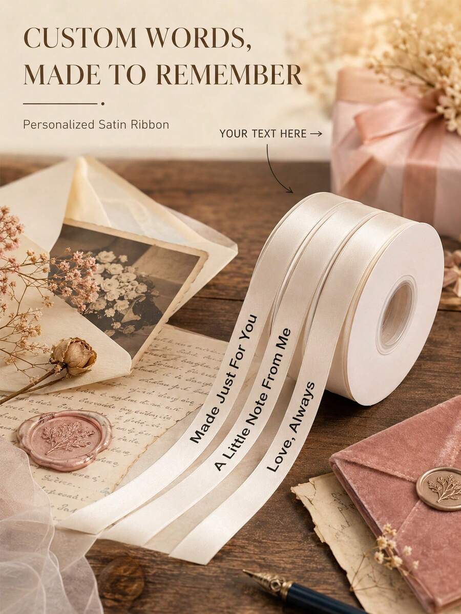 Cinta personalizable para envolver regalos (2.5cm); Disponible en blanco, negro o champán de alta calidad para un aspecto premium