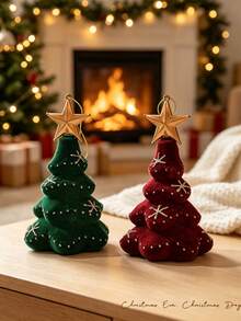 1PC Cozy Vintage Velvet Flocked Mini Christmas Tree Shaped Tabletop Figurine, Gold Star Topper Glitter Snowflake Detail Hanging Tree Decor, Festive Desktop Craft Ornament Pendant For Christmas Xmas Dinner Table Mantle Winter Room - Multiple Styles - View 1