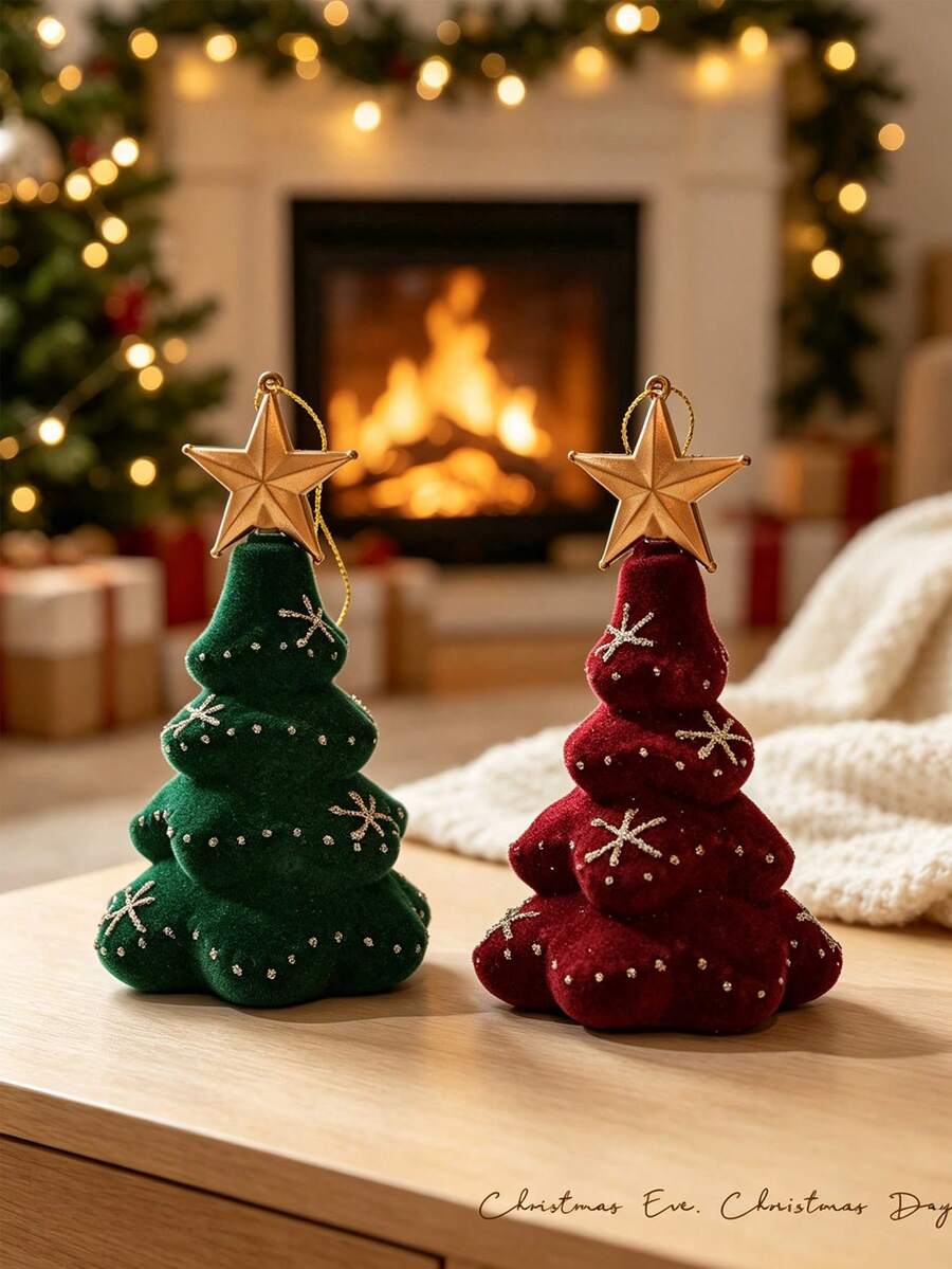 1PC Cozy Vintage Velvet Flocked Mini Christmas Tree Shaped Tabletop Figurine, Gold Star Topper Glitter Snowflake Detail Hanging Tree Decor, Festive Desktop Craft Ornament Pendant For Christmas Xmas Dinner Table Mantle Winter Room - Multiple Styles - View 1