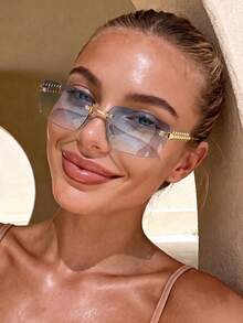 1PC Women's Frameless Cut-Edge Rectangular Ocean Lens Metal Retro Bohemian Y2K Rivet Temple Decor Street Fashion Elegant Fashion Glasses Shades, Suitable For Beach, Seaside, Vacation, Travel, Driving, Camping, Outdoor Activities, Street Photography, Etc. - Multicolor - View 5