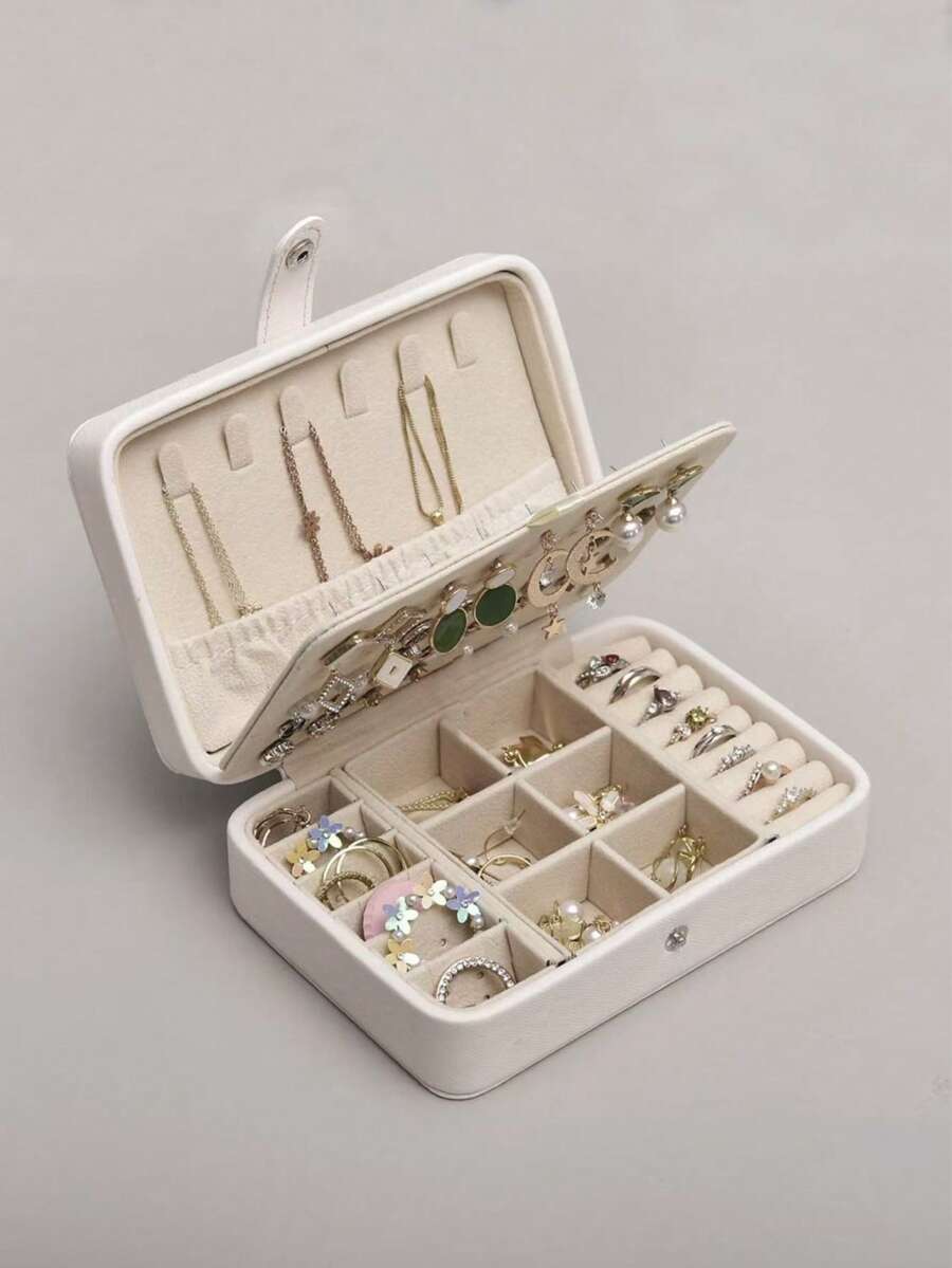 1pc Multifunctional PU Jewelry Box, Double Layer Multi-Compartment Portable Jewelry Storage Box, Large Capacity Valentine's Day Gift, Suitable For Earrings, Rings, Necklaces, Zipper/Button Style, Travel Essential, Back To School, Dorm Storage