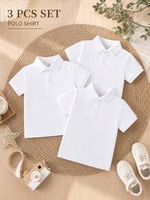 3pcs/Pack Unisex Kids Classic White Short Sleeve Polo Shirts, School Uniform Tops For Back To School, Suitable For Daily Wear, Performances And Group Activities - White - View 1