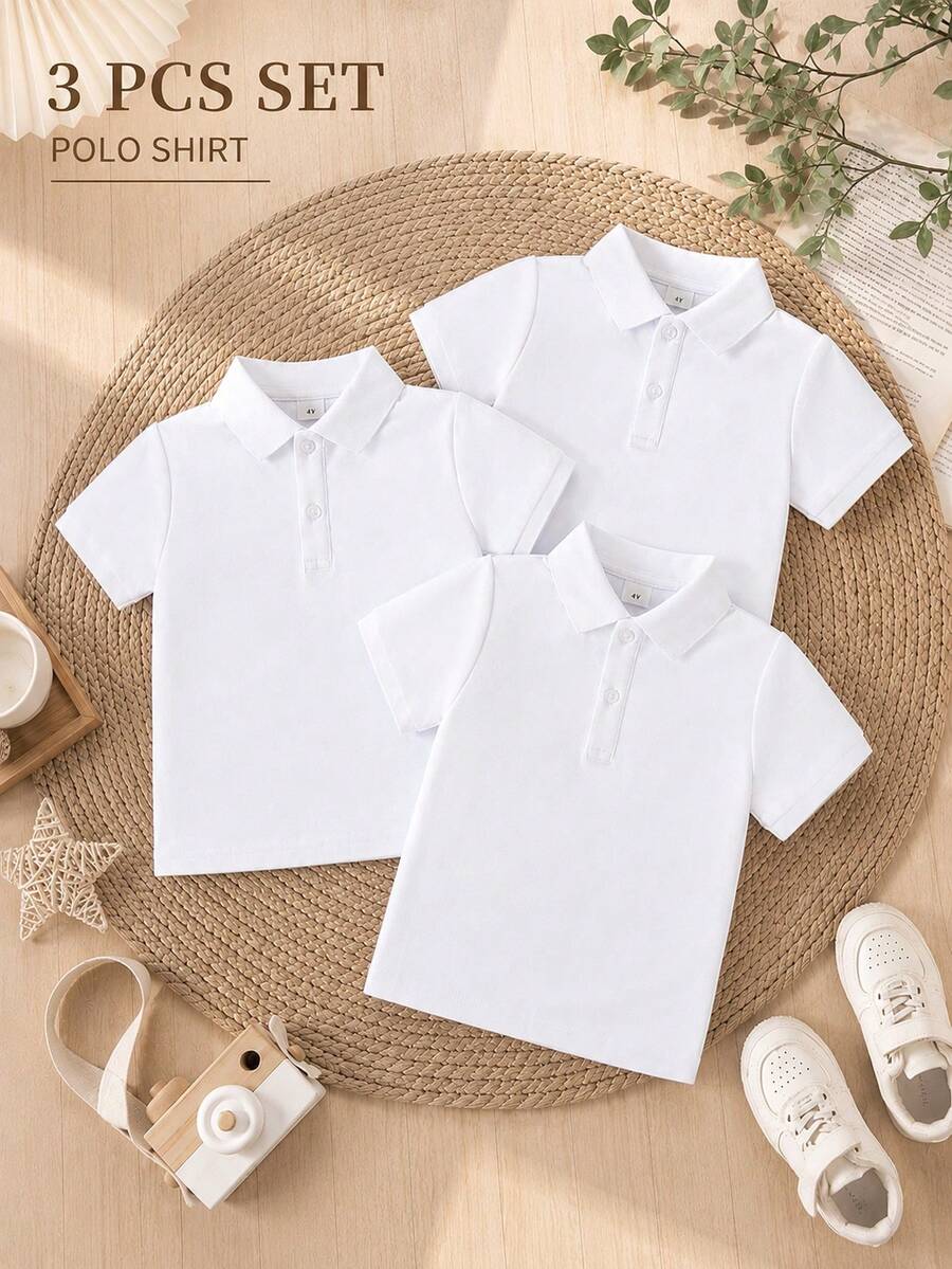 3pcs/Pack Unisex Kids Classic White Short Sleeve Polo Shirts, School Uniform Tops For Back To School, Suitable For Daily Wear, Performances And Group Activities - White - View 1