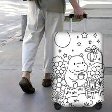1PC Cartoon Hippo Print Luggage Cover With Manual Doodle Colors. Fits Luggage From 18-32 Inches; Dust And Elastic Travel Accessories To Effectively Protect Your Luggage,Travel Essential - View 3