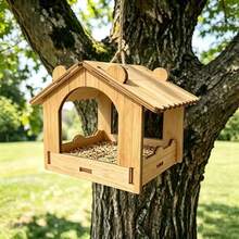 Natural Wood Hanging Bird Feeder For Outdoors, Open House Shape Wild Bird Seed Feeder, Weatherproof Hanging Bird Feeder For Yard Tree Garden Decoration, Attracts Finches Sparrows Wild Birds - A - View 4
