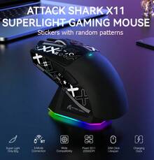 ATTACK SHARK X11 輕量無線電競滑鼠，附 RGB 充電底座，三模 2.4G/USB-C 有線/BT，22K DPI，PAW3311 光學感測器，HUYU 軸體，5 個可編程按鈕，適用 PC/玩家，兒童禮物 - 黑色/白色/紅色 & 膠帶 - 彩色 - 查看 12