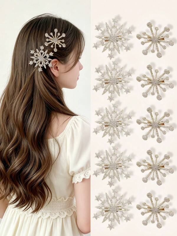 10 stuks schattige glitter sneeuwvlok haarclips voor Kerstmis, haarclips voor de zijkant van de pony voor meisjes, luxe haaraccessoires, premium hoofdbedekking voor herfst/winter